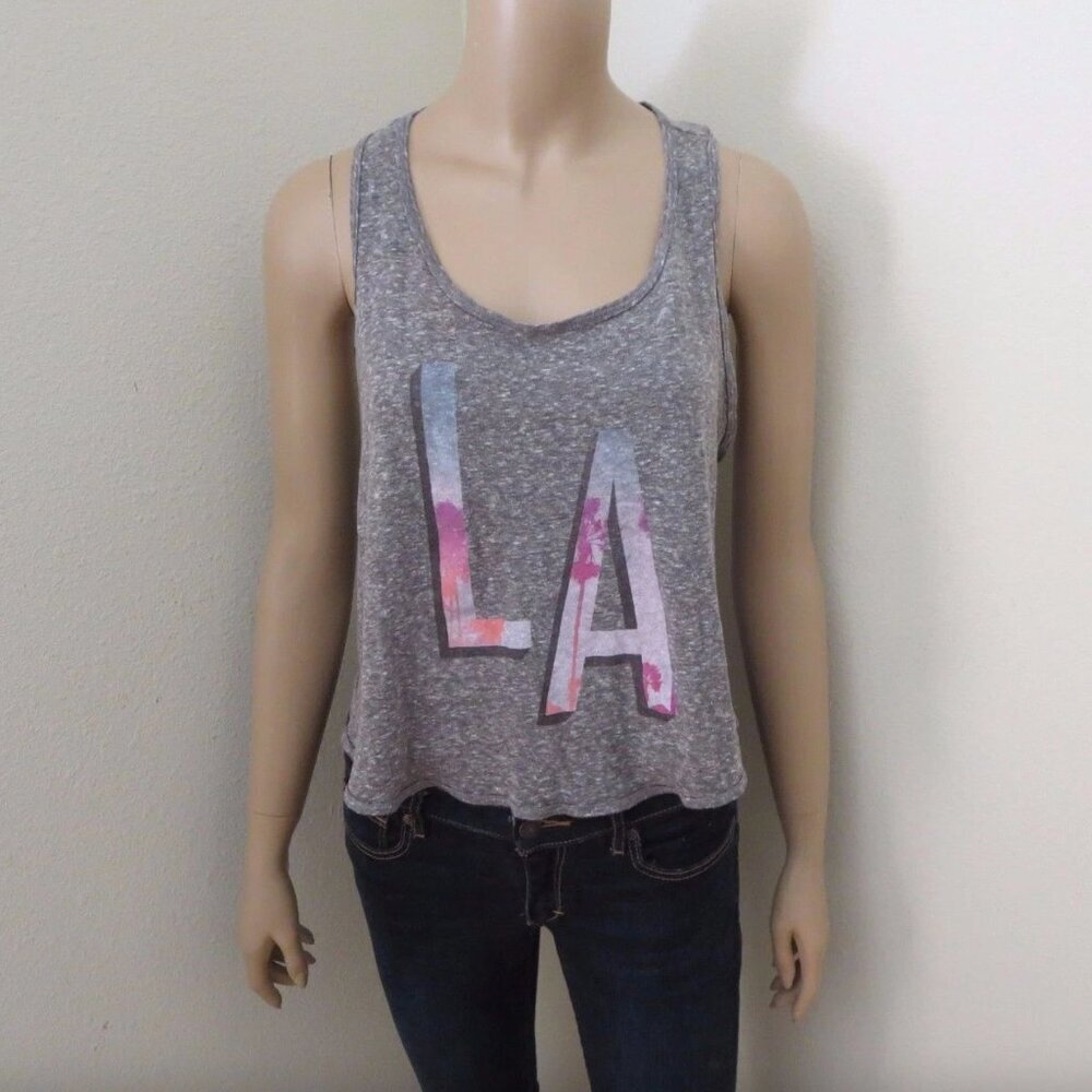 Hollister Womens Crop Tank Top Size XS Open Back Shirt LA Graphic T-Shirt Gray